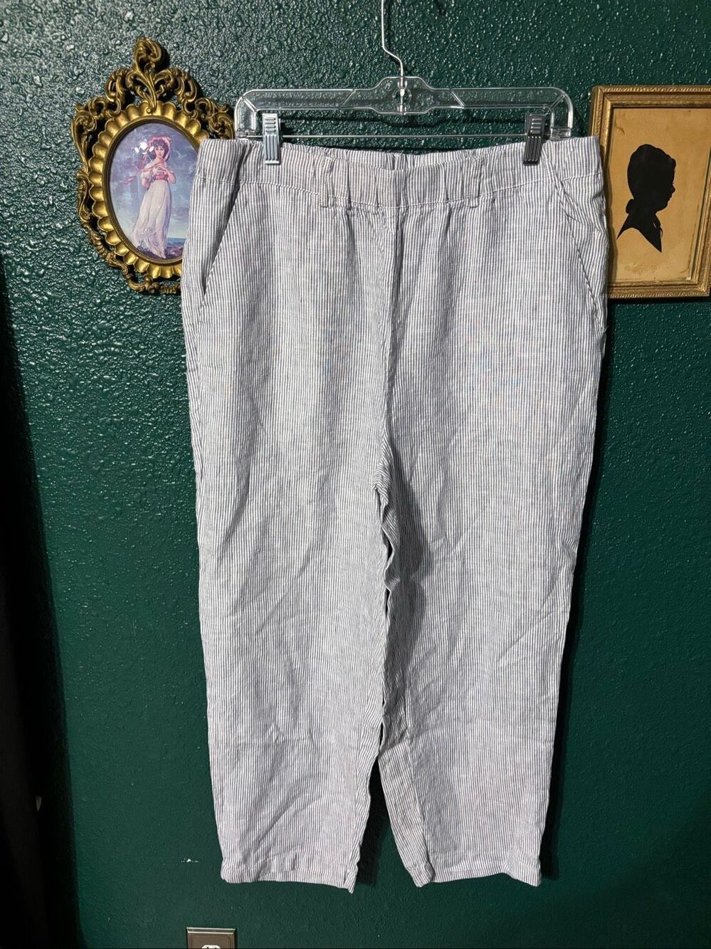 Quince 100% Linen Blue White Pinstriped Pants Sz Large